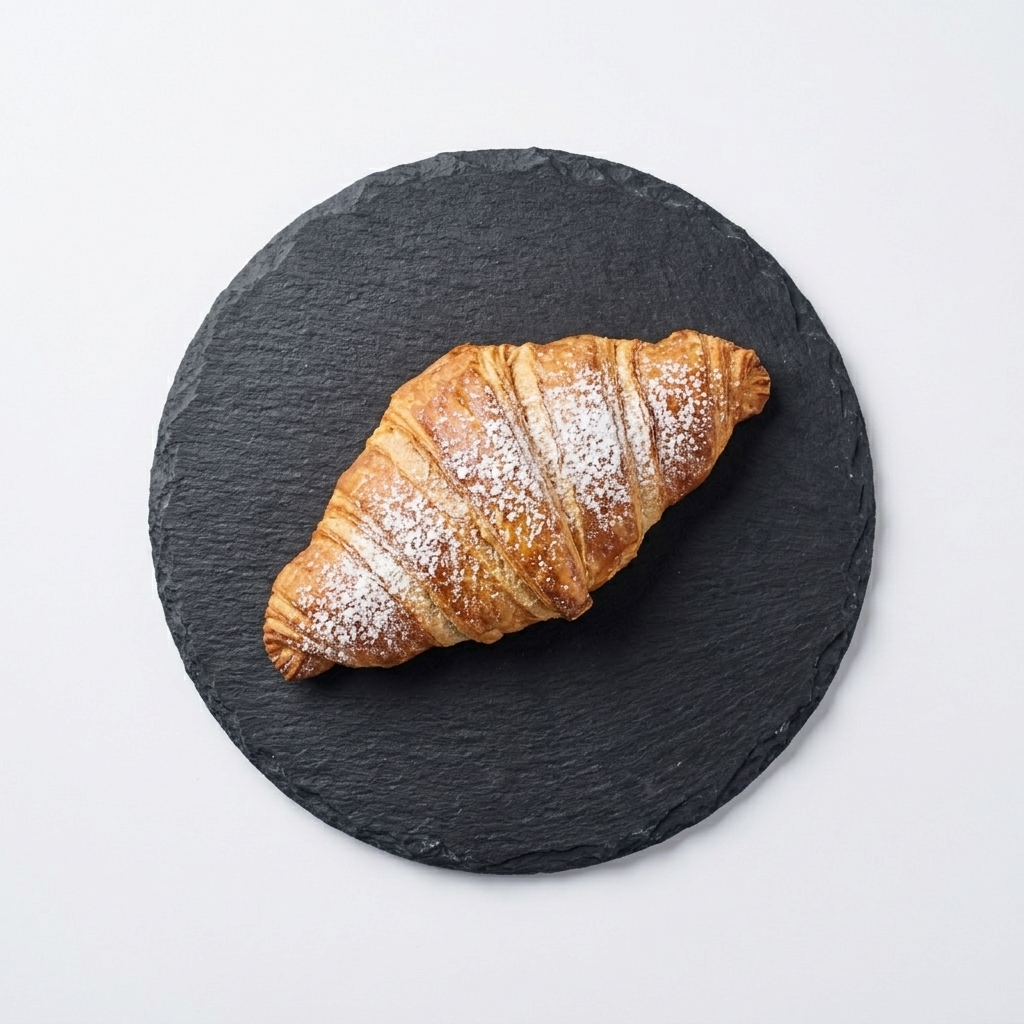 Croissant hojaldrado artesanal con azúcar glas sobre un plato de pizarra negro circular, fondo blanco puro.