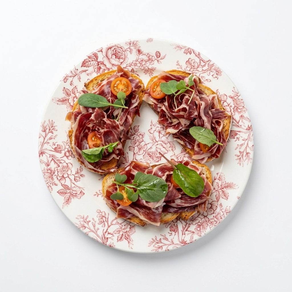 Tosta de pan rústico con jamón ibérico, tomates cherry y brotes sobre un plato floral vintage, fondo blanco.